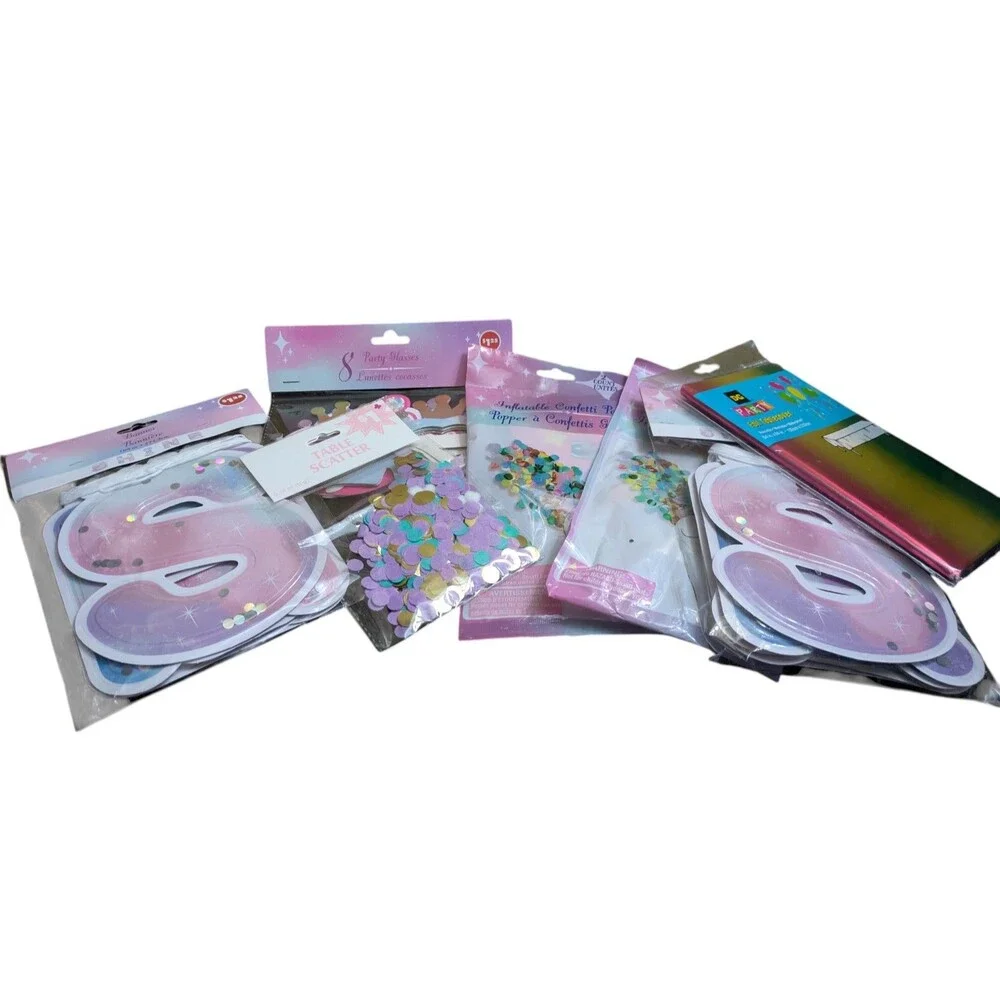 Unicorn Party Decoration Bundle – Banner, Glasses, Confetti, Table Cover & More